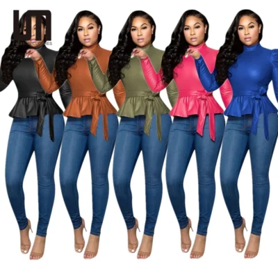Liu Ming New Wholesale Women PU Leather Turtleneck Long Sleeve Bow Tie T Shirt Office Ladies Slim Fit Ruffle Blouses Tops